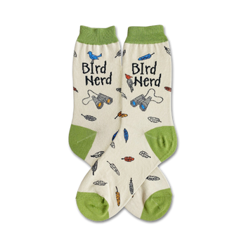 white bird nerd socks featuring blue and green feathers, binoculars, and black lettering.   