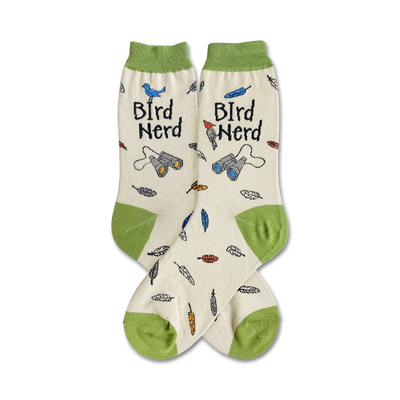 white bird nerd socks featuring blue and green feathers, binoculars, and black lettering.   