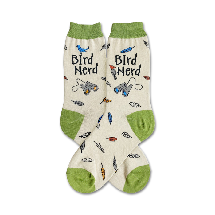 white bird nerd socks featuring blue and green feathers, binoculars, and black lettering.    }}