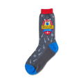 Grey crew socks with a red, yellow, and blue bowling-themed logo and scattered bowling pins and balls.