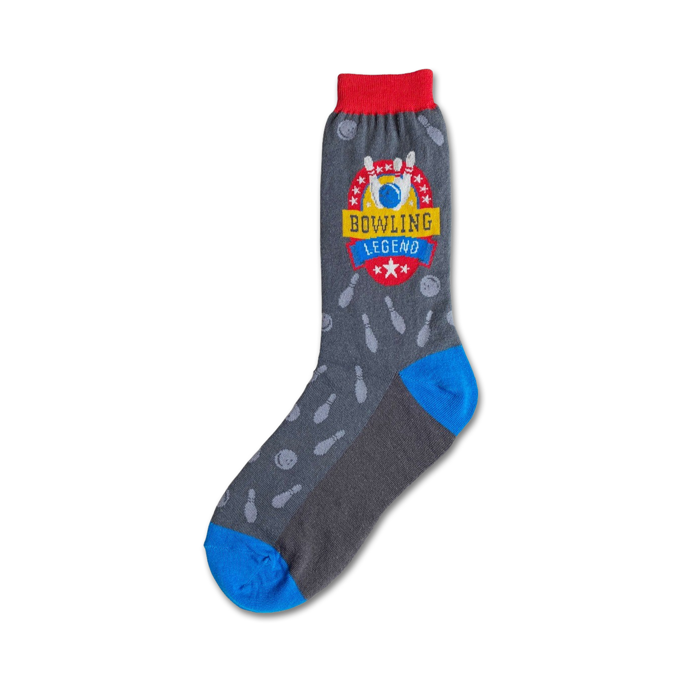 Grey crew socks with a red, yellow, and blue bowling-themed logo and scattered bowling pins and balls.