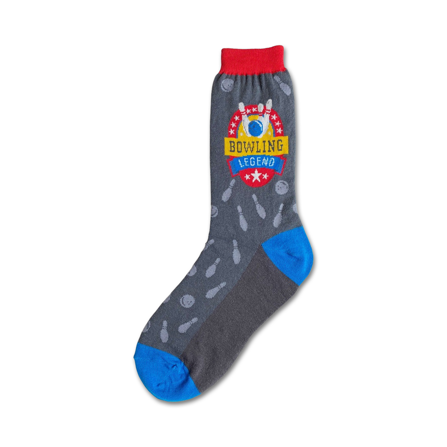 Grey crew socks with a red, yellow, and blue bowling-themed logo and scattered bowling pins and balls.