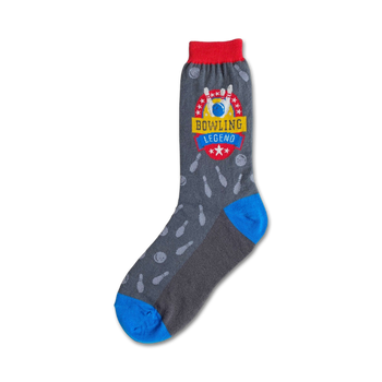 womens crew socks in gray with red/blue bowling ball and red/white/blue bowling pin pattern; bowling legend theme  
