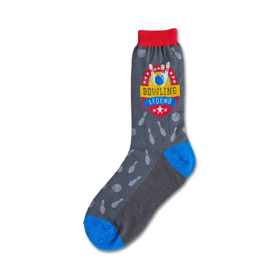 womens crew socks in gray with red/blue bowling ball and red/white/blue bowling pin pattern; bowling legend theme  