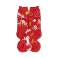 Red crew socks with a whimsical design featuring white zodiac animals, a dragon, clouds, and a sun.