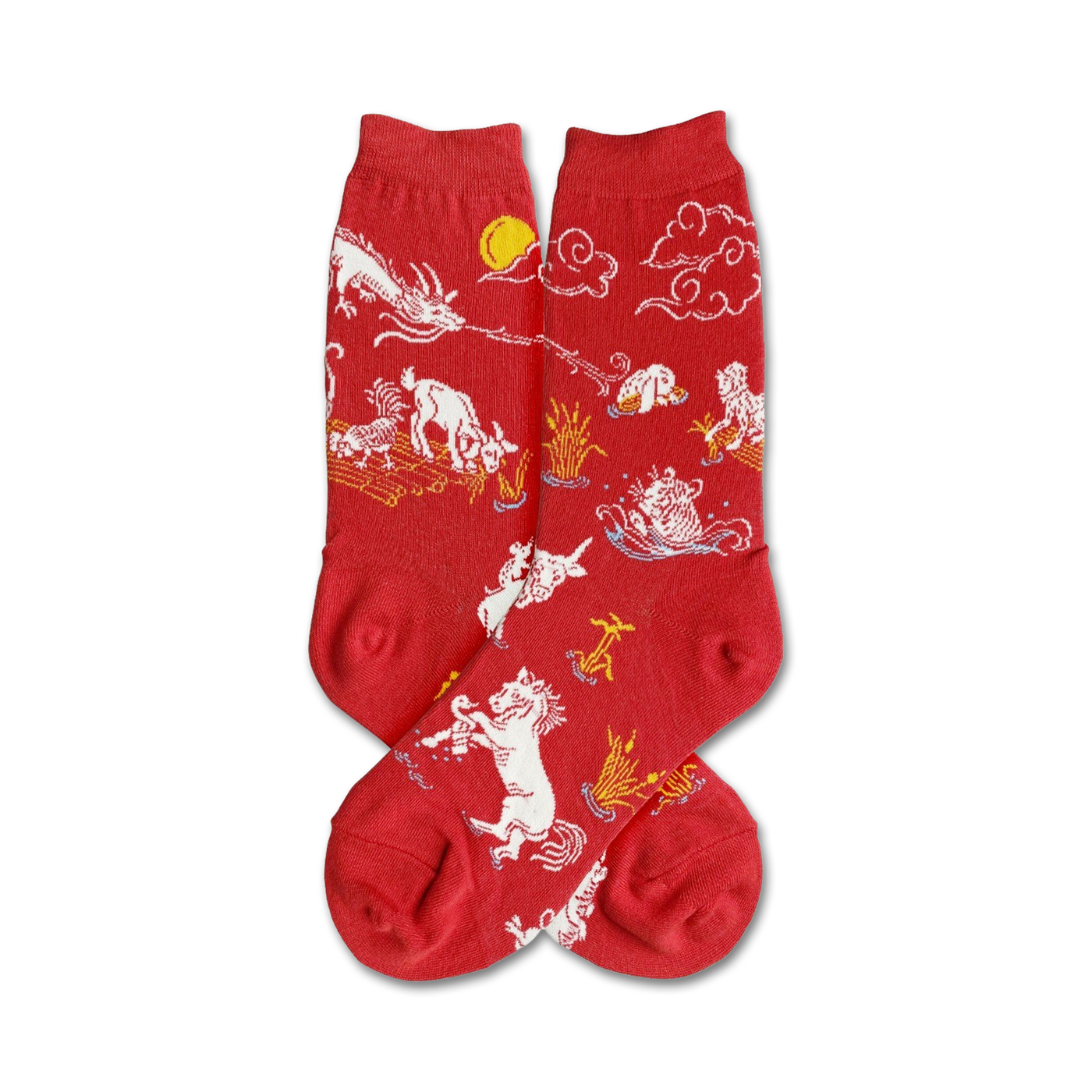 Red crew socks with a whimsical design featuring white zodiac animals, a dragon, clouds, and a sun.