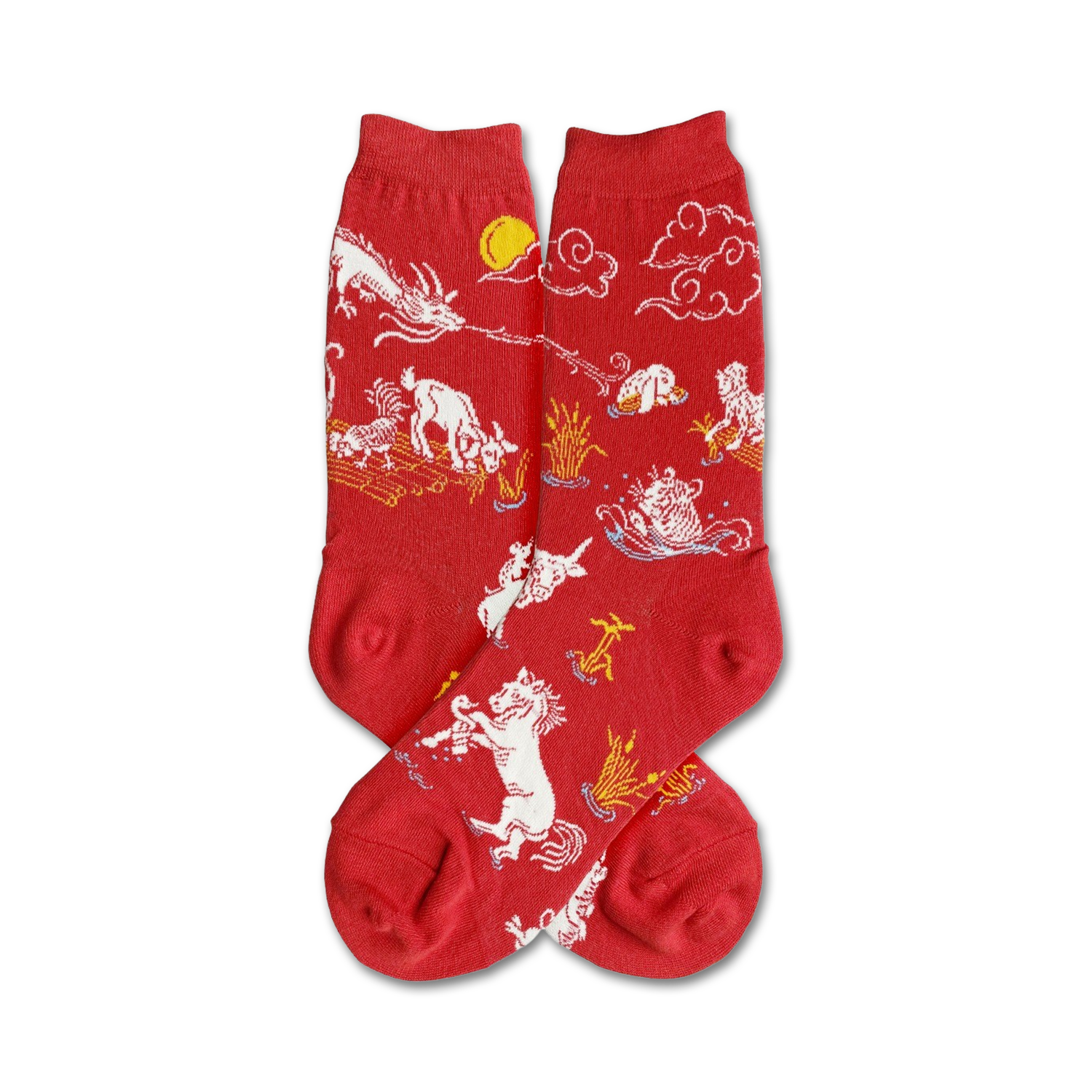 Red crew socks with a whimsical design featuring white zodiac animals, a dragon, clouds, and a sun.