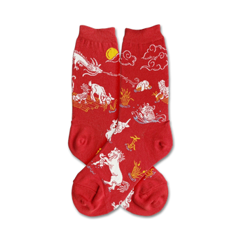 womens crew socks in red with lunar zodiac animals in white and yellow: dragon, rabbit, monkey, goat, rooster, horse, ox, tiger, rat, pig; moon, clouds, water   