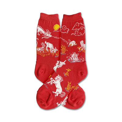 womens crew socks in red with lunar zodiac animals in white and yellow: dragon, rabbit, monkey, goat, rooster, horse, ox, tiger, rat, pig; moon, clouds, water   