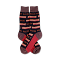 A pair of crew socks with a bacon pattern. The socks are mainly dark brown with red and tan stripes and text that says 'More Bacon'.