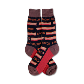 brown socks with horizontal red stripes, red toe, heel, and top. 'more bacon' in white on front.   