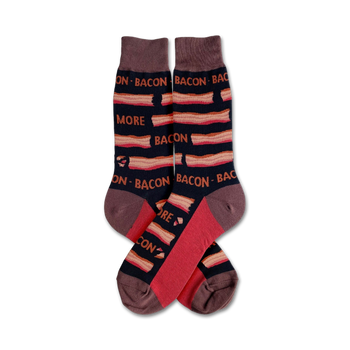 brown socks with horizontal red stripes, red toe, heel, and top. 'more bacon' in white on front.   
