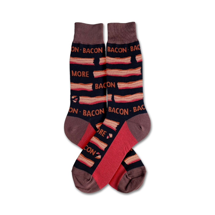 brown socks with horizontal red stripes, red toe, heel, and top. 'more bacon' in white on front.    }}