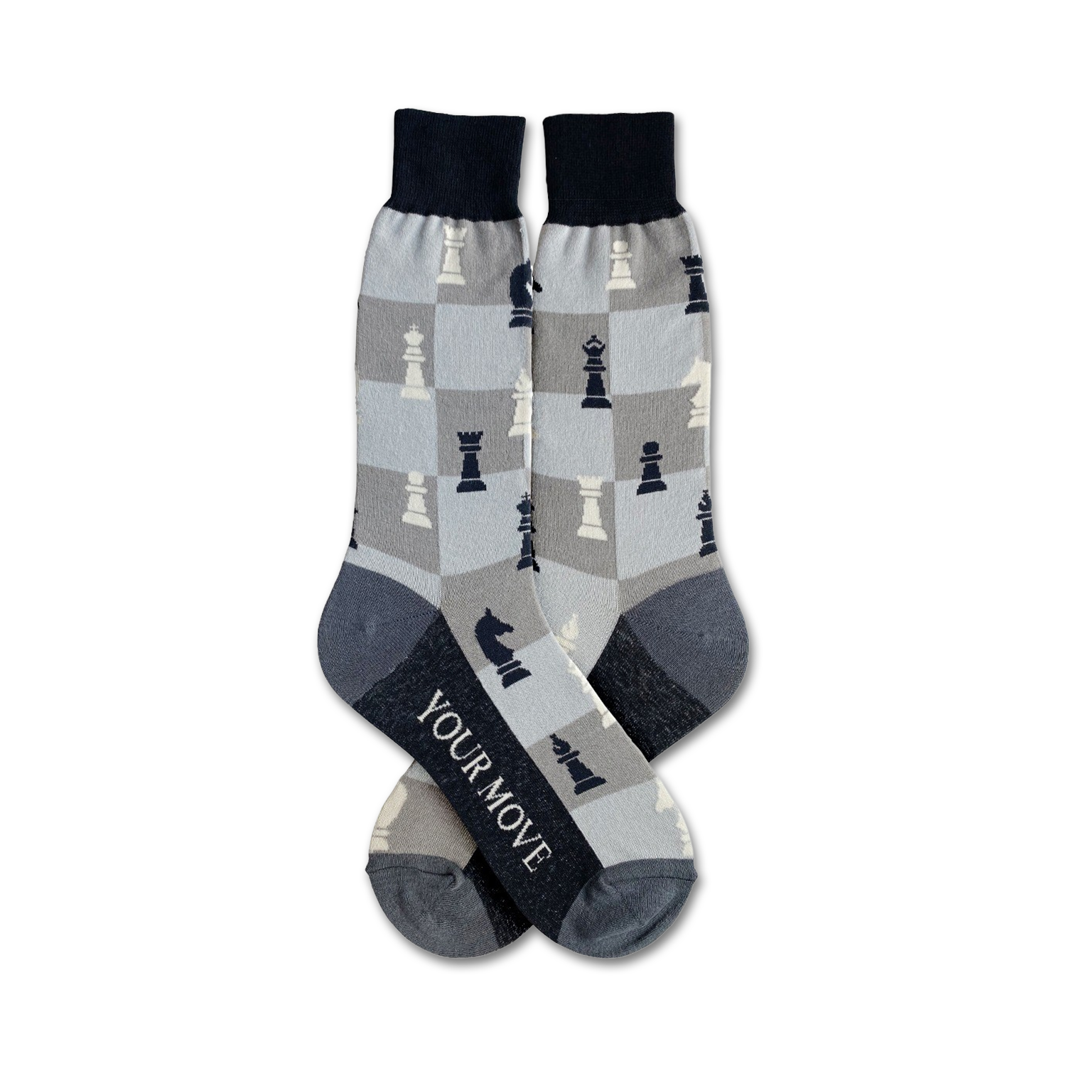 Pair of crew socks in grey and navy blue.  Chessboard pattern features black and white chess pieces.  Text on the socks reads 'Your Move'.