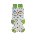 Cream crew socks with green cuffs. Design includes birds, feathers, binoculars, and 'Bird Nerd' text.