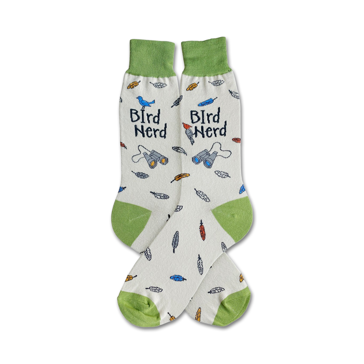 Cream crew socks with green cuffs. Design includes birds, feathers, binoculars, and 'Bird Nerd' text.