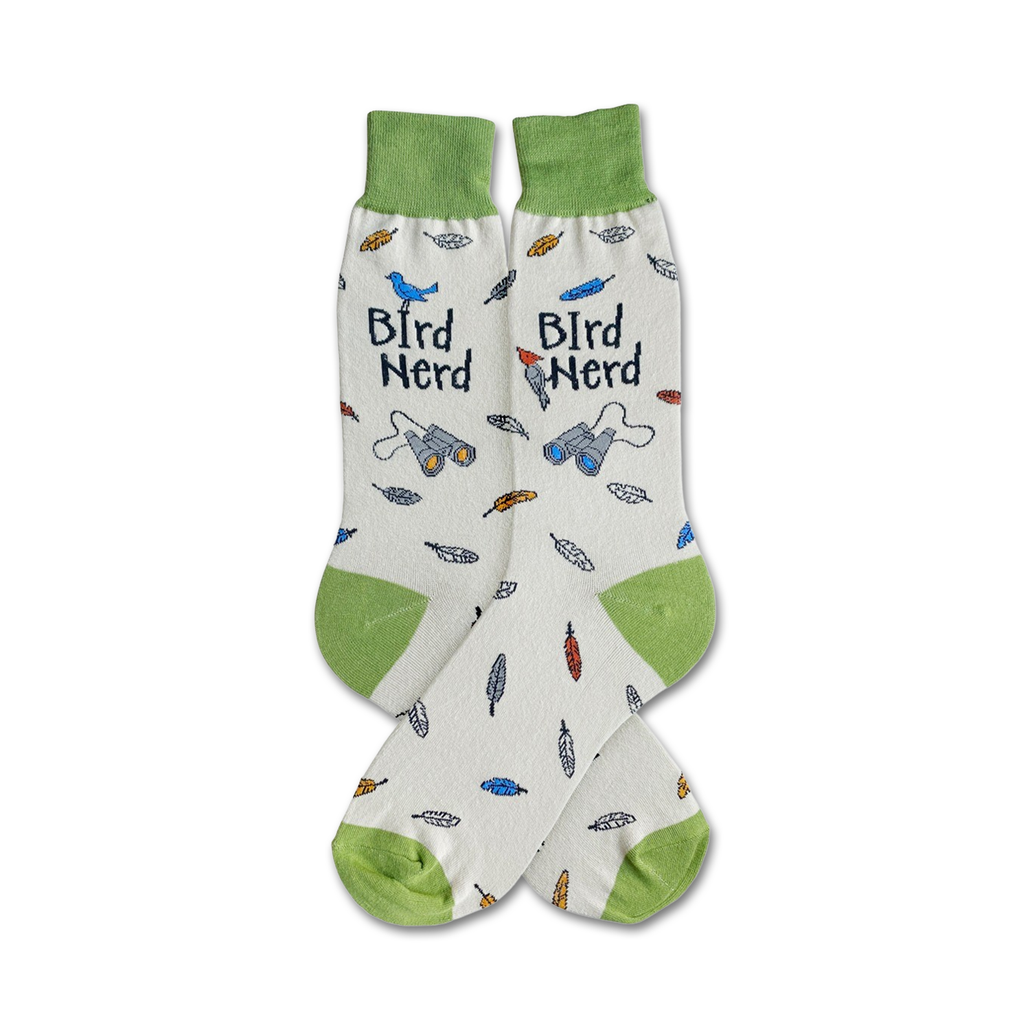 Cream crew socks with green cuffs. Design includes birds, feathers, binoculars, and 'Bird Nerd' text.