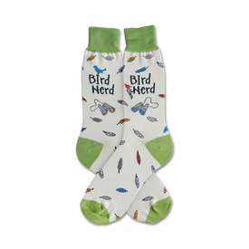 crew socks with feathers and binoculars for men in white with green heel and cuff.  