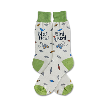 crew socks with feathers and binoculars for men in white with green heel and cuff.  
