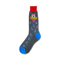Gray crew socks with a blue and red bowling-themed logo and repeated bowling pin design.