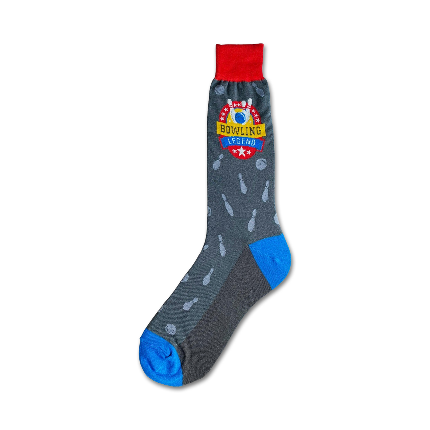 Gray crew socks with a blue and red bowling-themed logo and repeated bowling pin design.