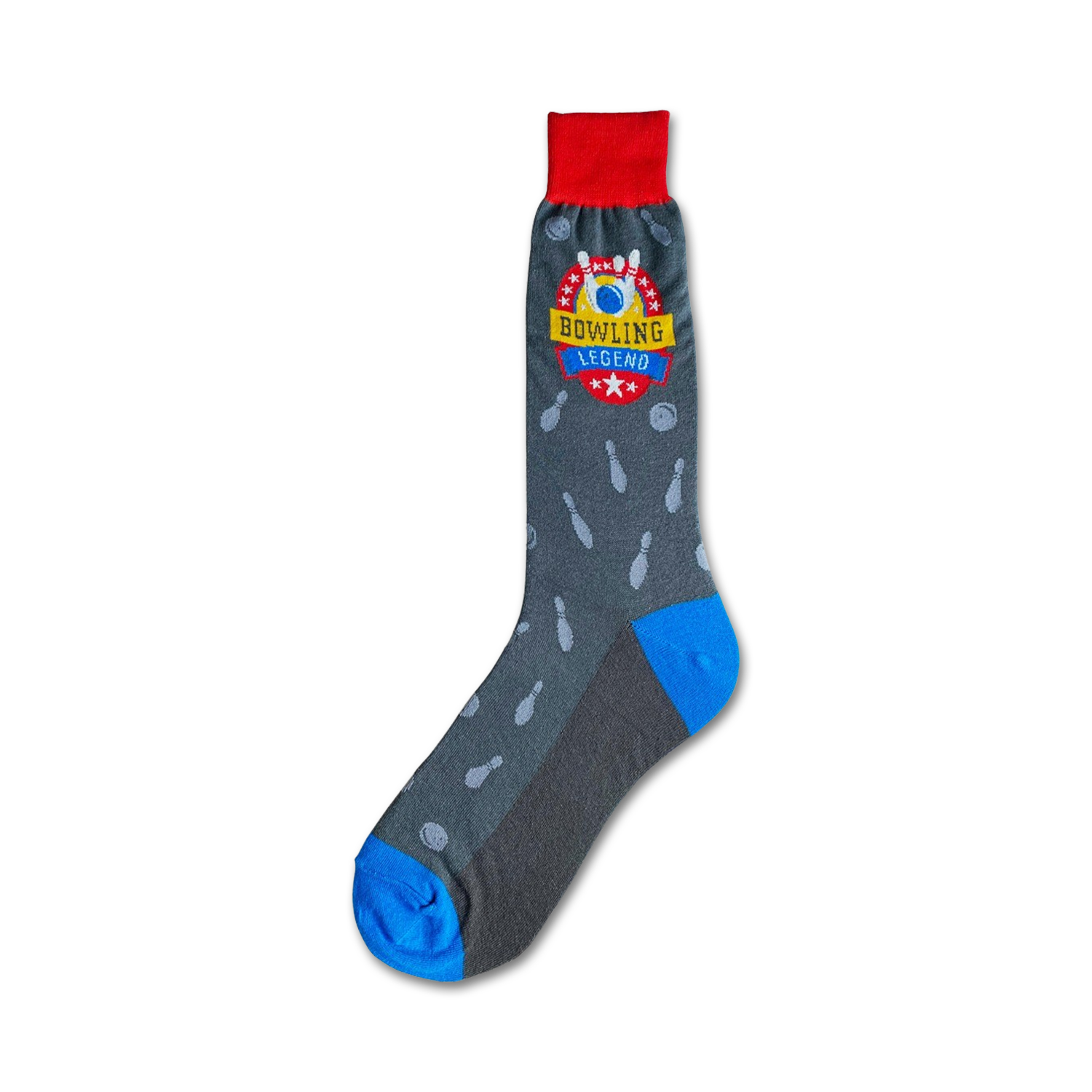 Gray crew socks with a blue and red bowling-themed logo and repeated bowling pin design.