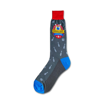 grey crew socks with bowling pins pattern and red and blue accents for men.  