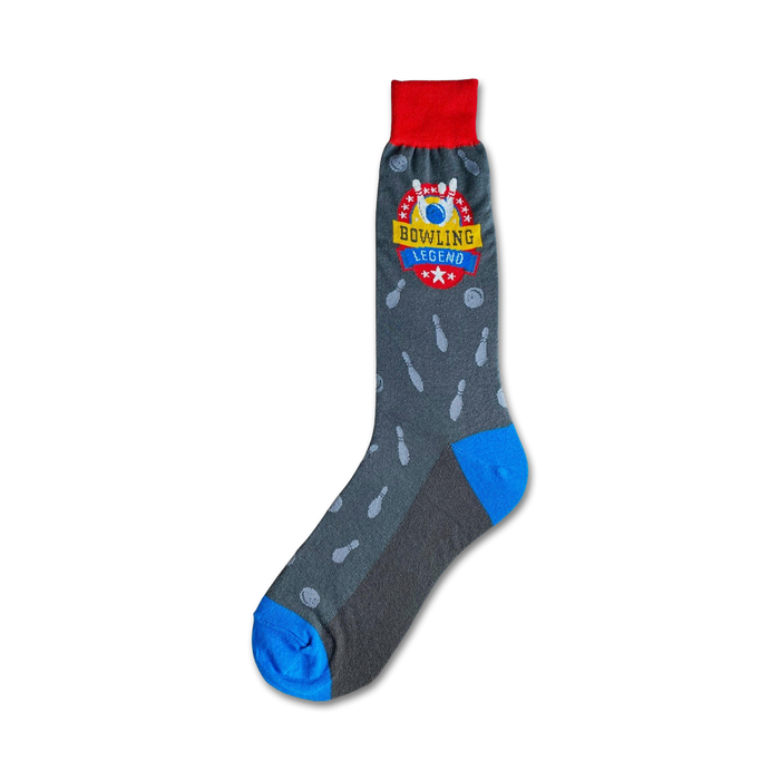 grey crew socks with bowling pins pattern and red and blue accents for men.   }}