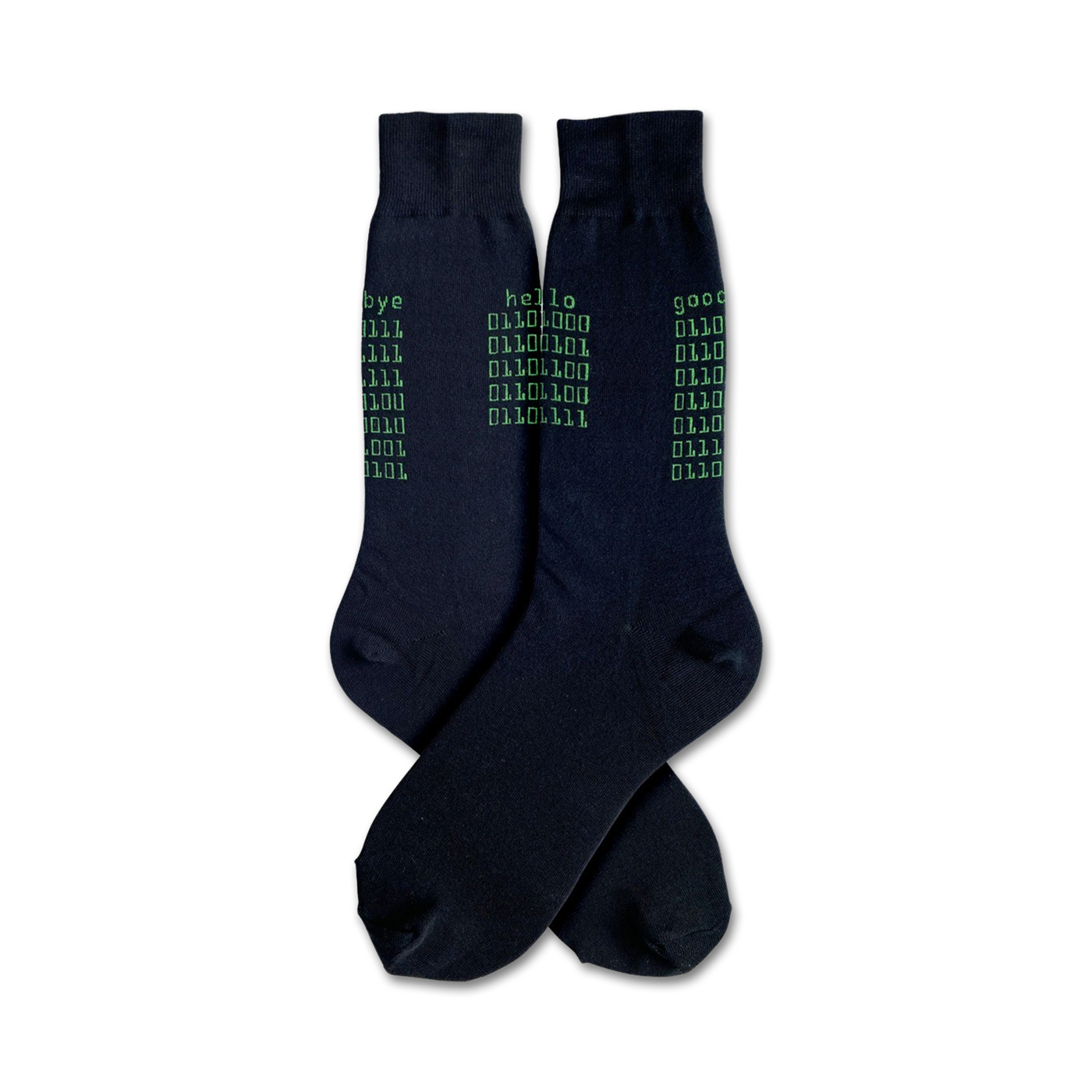 Pair of black crew socks with a green binary code design.  The words 'hello', 'goodbye', and 'good' are also printed.