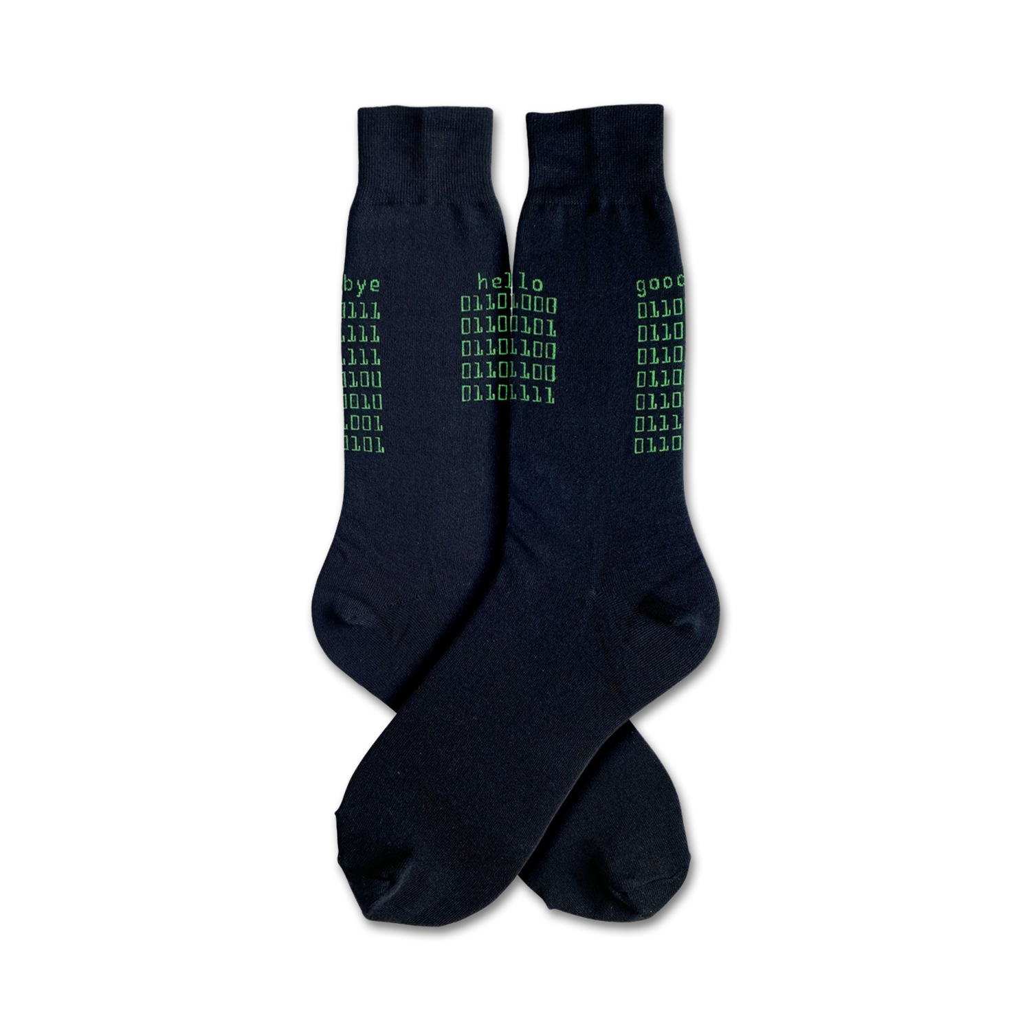 Pair of black crew socks with a green binary code design.  The words 'hello', 'goodbye', and 'good' are also printed.
