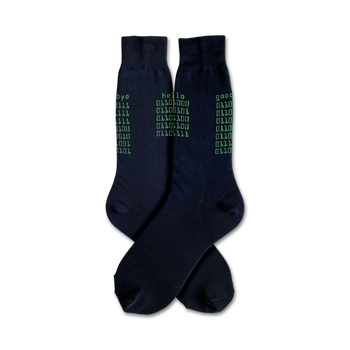 black crew socks with binary code pattern including the words "hello", "goodbye", and "good".  