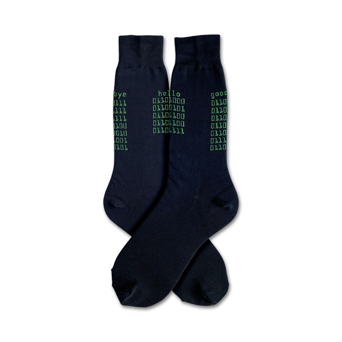 black crew socks with binary code pattern including the words 