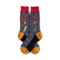 Pair of crew socks in gray with colorful chili pepper illustrations and names. Yellow and red accents on the cuffs.  'Peppers!' is written on the soles.