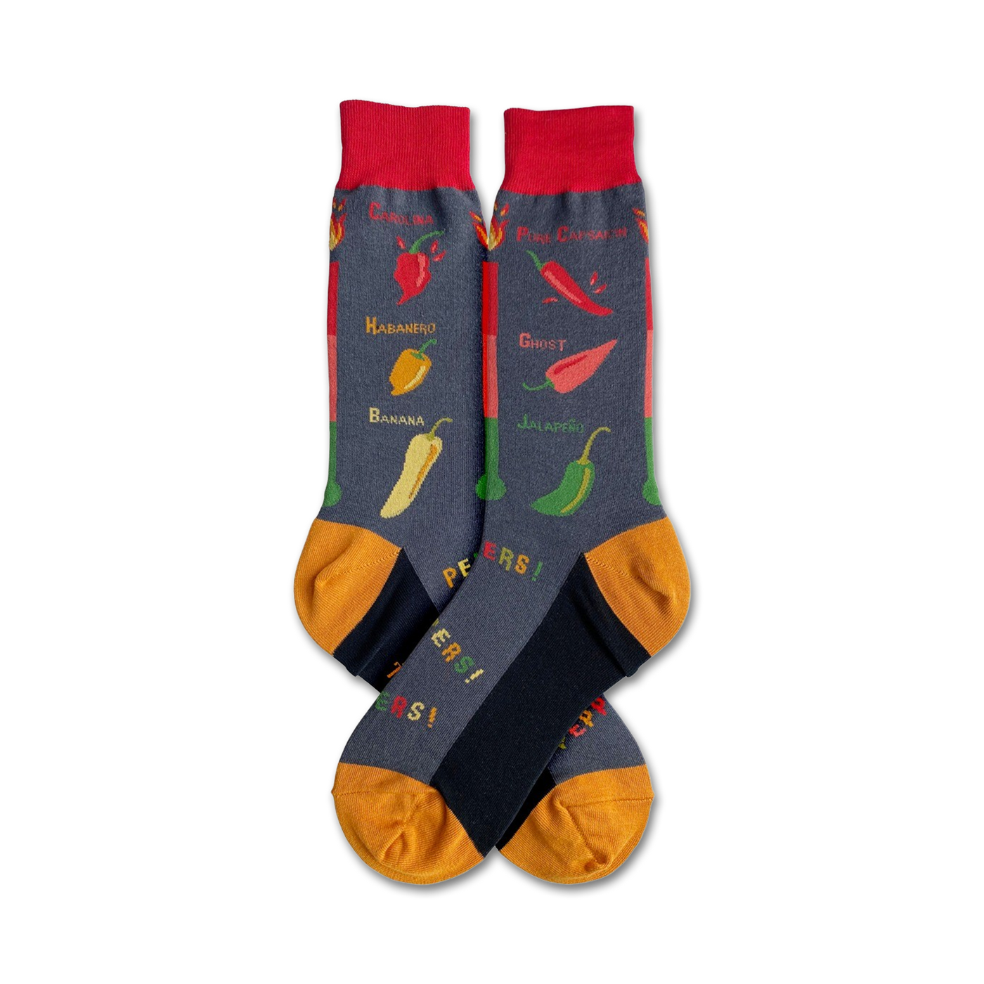 Pair of crew socks in gray with colorful chili pepper illustrations and names. Yellow and red accents on the cuffs.  'Peppers!' is written on the soles.