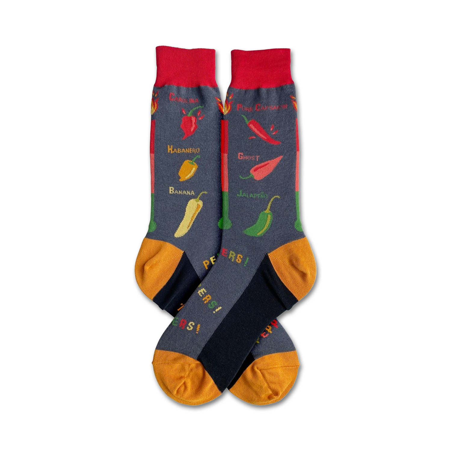 Pair of crew socks in gray with colorful chili pepper illustrations and names. Yellow and red accents on the cuffs.  'Peppers!' is written on the soles.