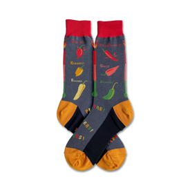 hottest peppers crew socks with red, yellow, orange, green peppers