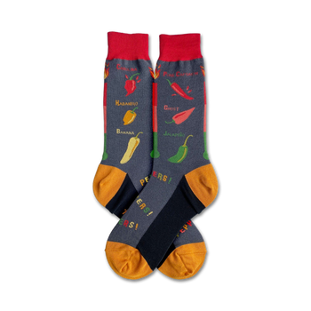 hottest peppers crew socks with red, yellow, orange, green peppers