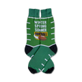 A pair of green crew socks with white stripes and a football design.  The words 'Winter Spring Summer Football' are printed on the socks.