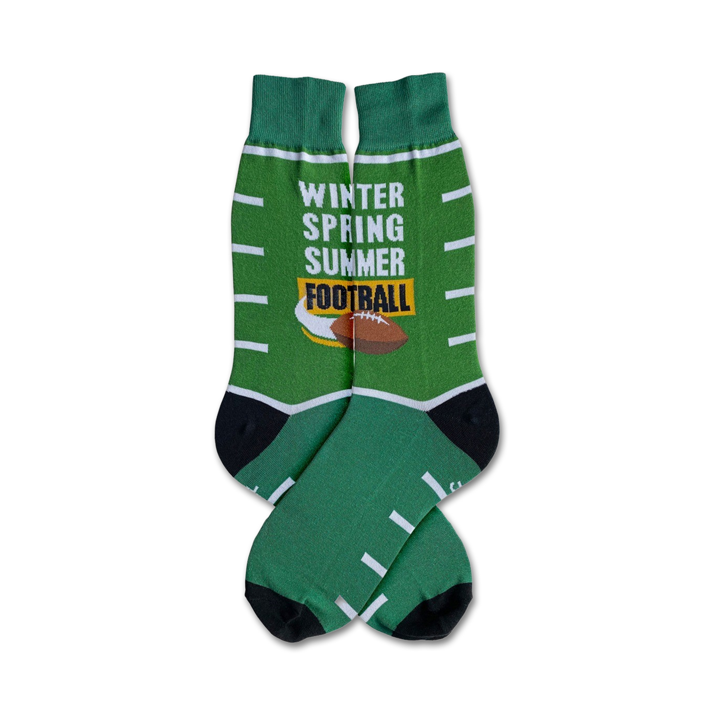 A pair of green crew socks with white stripes and a football design.  The words 'Winter Spring Summer Football' are printed on the socks.