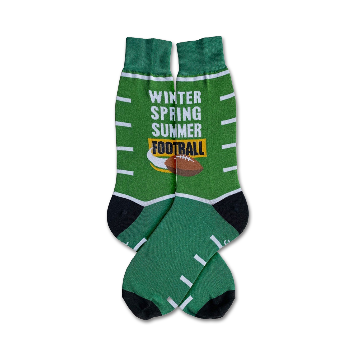 A pair of green crew socks with white stripes and a football design.  The words 'Winter Spring Summer Football' are printed on the socks.