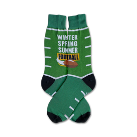 green crew socks with black/white stripes, black toe, football graphic, and the words "football", "winter", "spring", "summer".  
