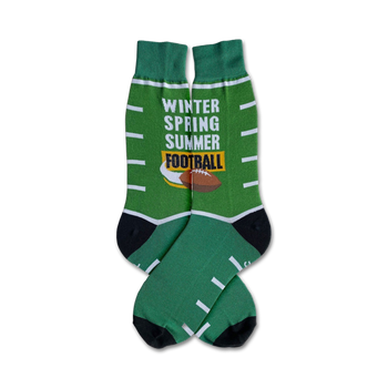 green crew socks with black/white stripes, black toe, football graphic, and the words "football", "winter", "spring", "summer".  