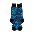 Pair of crew socks in dark blue with teal, yellow, and green designs of planets, stars, an alien, and the text 'We Are Not Alone!'
