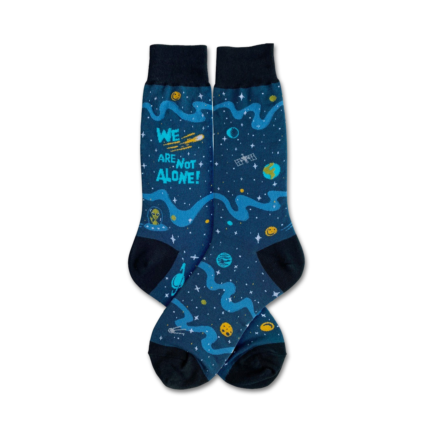 Pair of crew socks in dark blue with teal, yellow, and green designs of planets, stars, an alien, and the text 'We Are Not Alone!'
