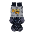 Pair of grey and black crew socks.  The socks feature a basketball graphic, graffiti-style text, and black spots on the lower portion.