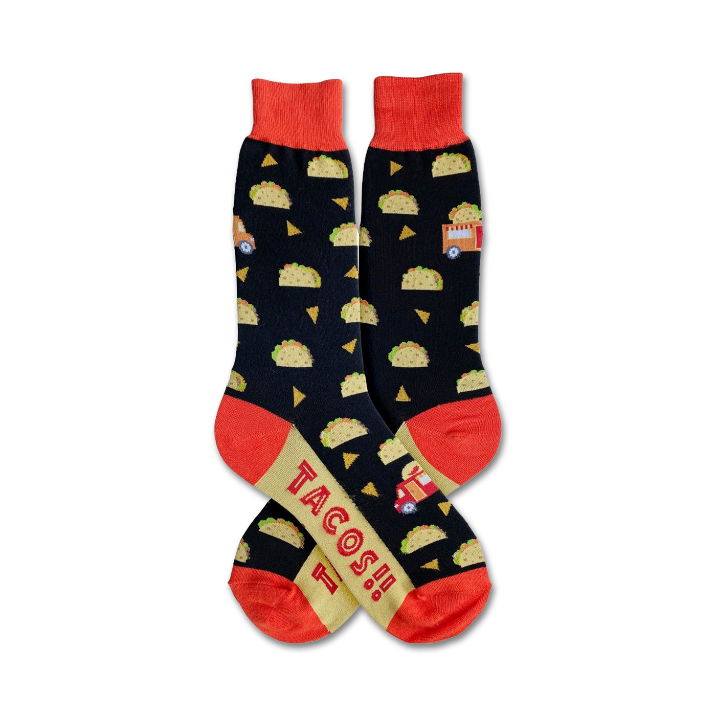 A pair of crew socks with a black background, orange cuffs, and a fun design of tacos and a taco truck. 