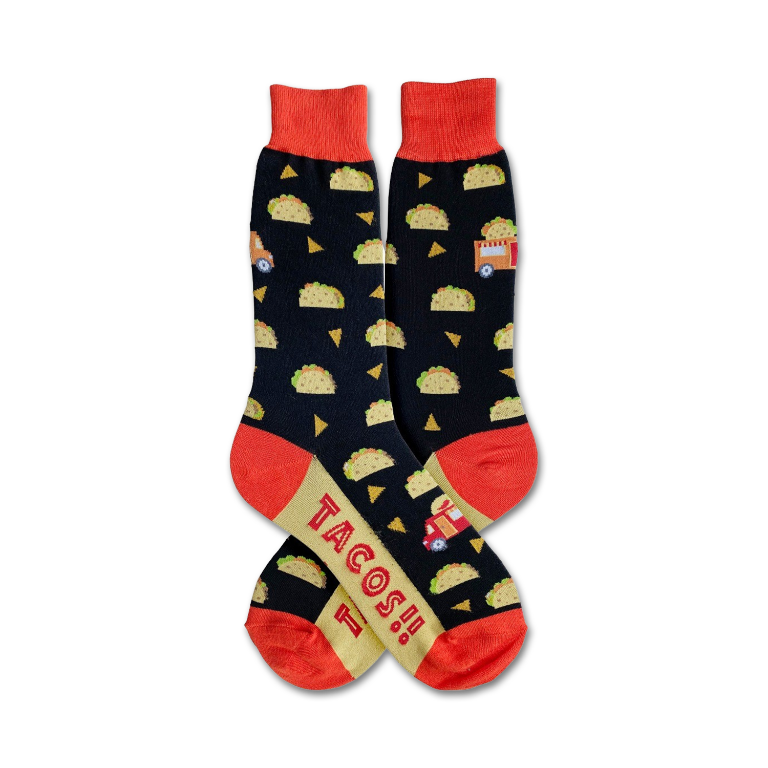 A pair of crew socks with a black background, orange cuffs, and a fun design of tacos and a taco truck. 