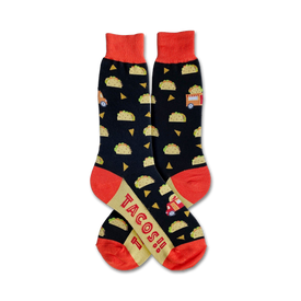 taco truck black crew socks with taco and truck pattern, tacos! printed on leg.   
