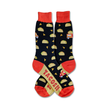 taco truck black crew socks with taco and truck pattern, tacos! printed on leg.   