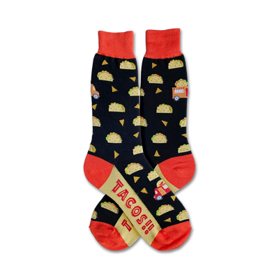 taco truck black crew socks with taco and truck pattern, tacos! printed on leg.   